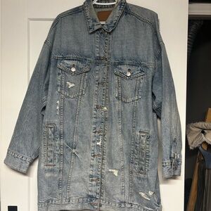 Light Blue Distressed Denim Jacket Coat - Women’s